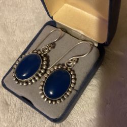 1.5” Vintage Sterling Silver Oval Blue Lapis Dangling Earrings 