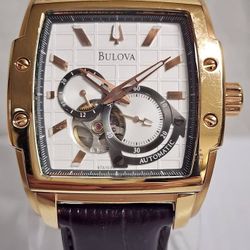 Bulova 97A103 Automatic 41mm Watch with White Skeleton Dial & Brown Band