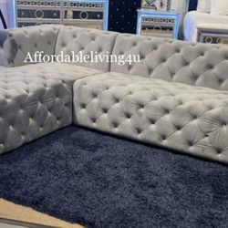 Grey Tufted Velvet Sectional Brand New In Box