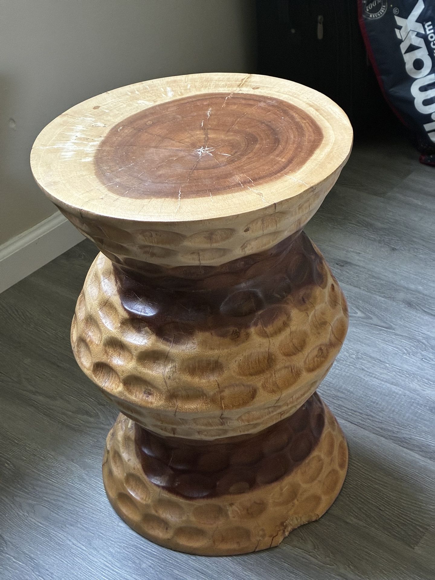 Rustic Hand-Carved Solid Wood Stool