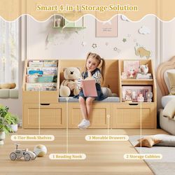 Kids Bookshelf with Reading Nook, Toy Storage with Seat Cushion 55.1'' Toy Storage Organizer with 3 Movable Drawers, Kids Reading Nook with Bench for 