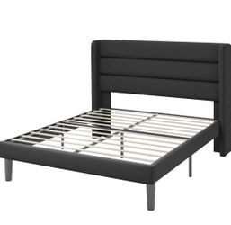 Gorgeous New Black Velvet Queen Platform Bed Frame w/ Winged Headboard