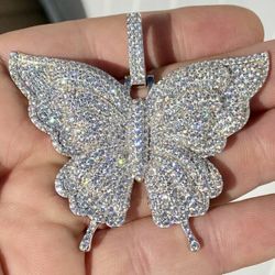Italy 925 Sterling Silver Big Butterfly 14K White Gold 5X Layered Iced Pendant Fits Upto 10MM Miami Cuban Chains 