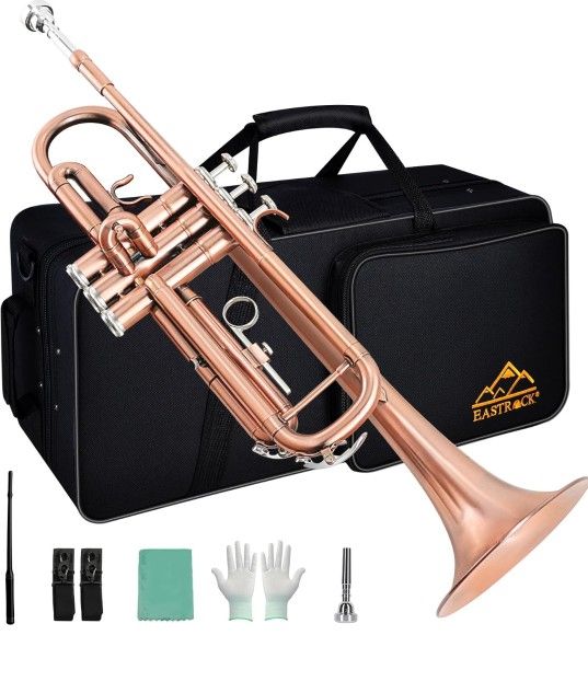 EASTROCK Bb Trumpet Standard Trumpet Set with Carrying Case,Gloves, 7C Mouthpiece, Cleaning Kit, Tuning Rod (Red Antique)