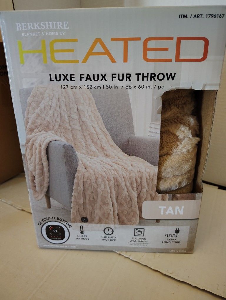 New Tan Color Heated Lux Faux Fur Throw