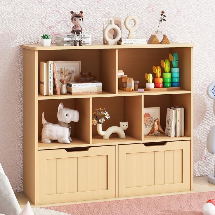 Toy Storage Organizer with Bookshelf, Large Toy Organizers and 2 Movable Drawers with Hidden Wheels and 5 Storage Cubbies, Kids Bookshelf and Toy Stor