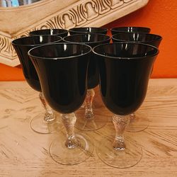 Vintage Black Goblet Crystal Glassware - 8 Set