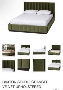 King Size Olive Green Velvet Channel Tufted Platform Bed