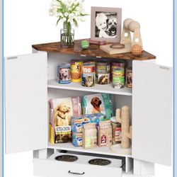 Corner Dog Food Storage Cabinet, Dog Feeding Station with 2 Hidden Dog Bowls, Adjustable Panel, 4 Hooks, Feeding Station for $ 100