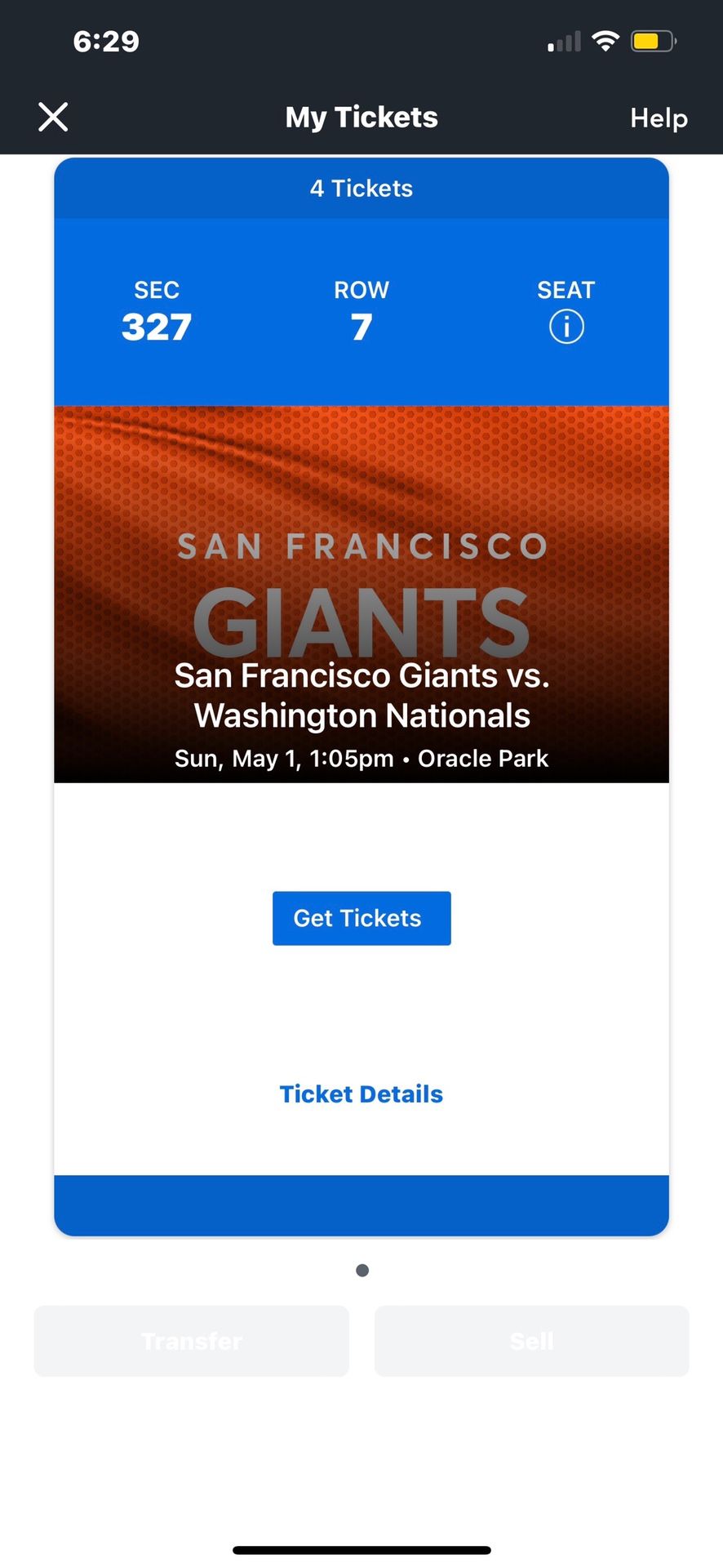Giants Vs Nationals 5/1/22 Four Tickets $150 OBO