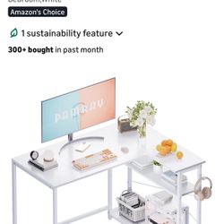 New!  43 Inch L Shaped Computer Desk with Reversible Side Storage Shelves