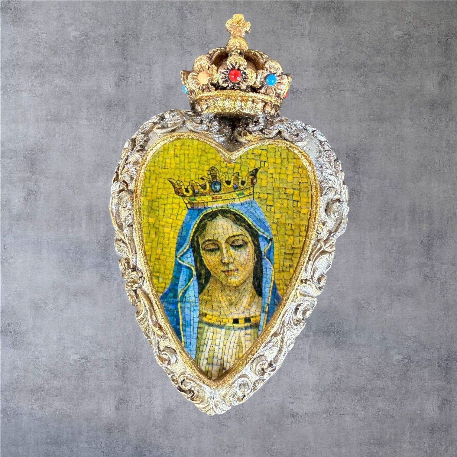 Our Lady of Fatima Sacred Heart Crowned Wall Plaque Mosaic Milagro Ex-Voto Gold