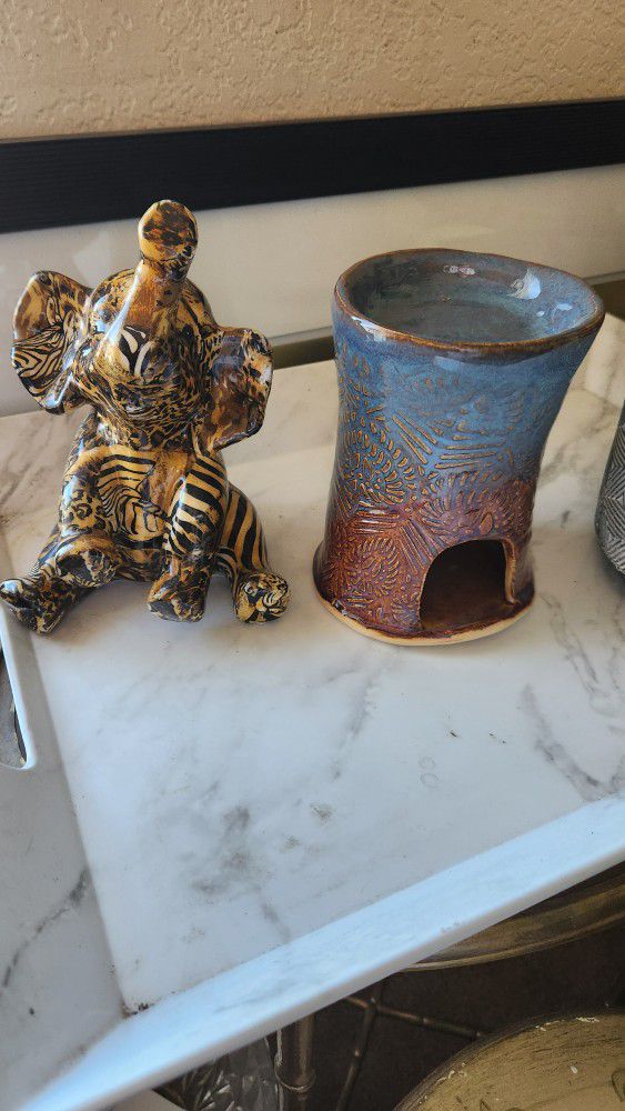 Beautiful Safari Elephant And A Glazed Pottery Candle Melts Holder