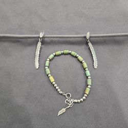 925 Silver Native Mother Of Pearl Feather Earings And Bracelet Set