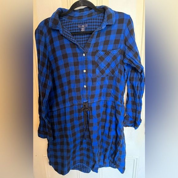 Gap Long Sleeve Blue Plaid Mini Dress Large