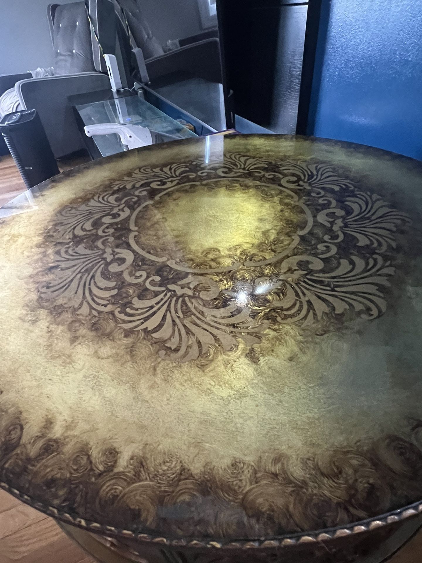 Antique Round Table With Painted Glass Top 
