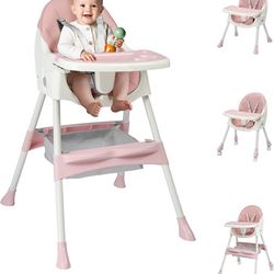 Foldable Baby High Chair, 2-in-1 Portable Convertible Highchair with 5-Point Safety Harness, Easy to Clean Tray and Storage Bag for Toddlers & Babies,