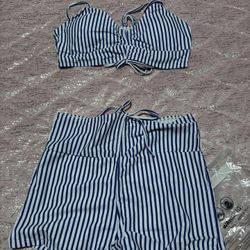 Womens Size Large Blue White Striped Bikini Swimsuit 