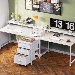 93" Computer Desk with Fabric Drawers & File Cabinet- 2 Person Home Office Desks with Power Outlet, Long Writing Desk with Monitor Stand, Storage Shel
