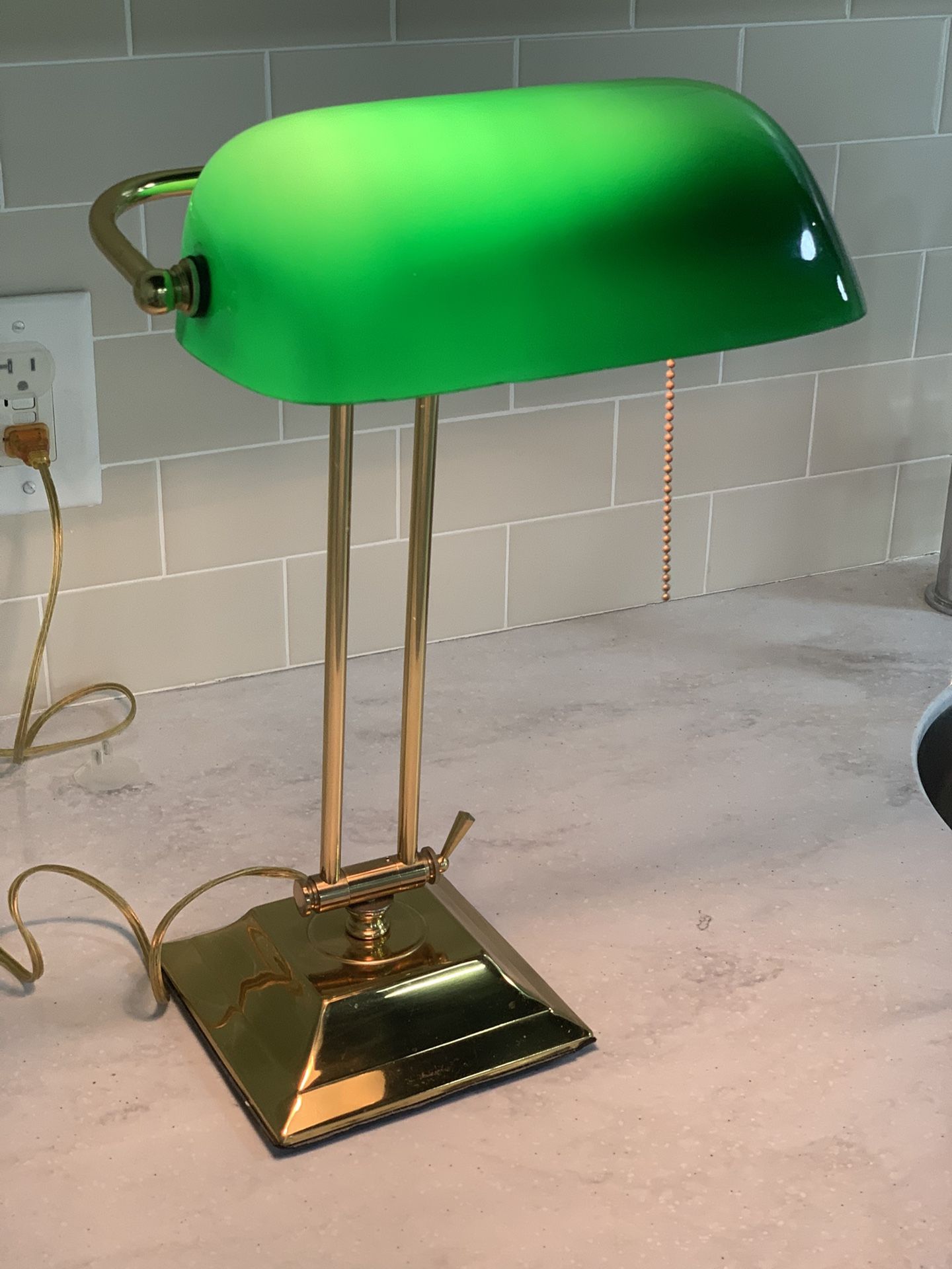 Vintage ( emerald lite ) Banker Desk Lamp: Green Opaline Glass Shade, Brass Base