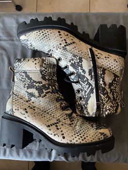 Snakeskin Print Lace-Up Combat Boots