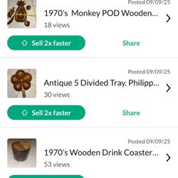 Vintage Wood Drink Coasters,  Wooden Food Tray, Divider, Also Adding The Wooden Fruit. Willing To Sell All Three Posts Together As One For $25.