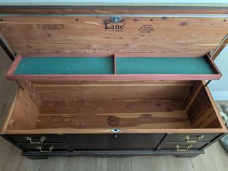 Hope Chest - cedar with green re-upholstered top - 45" (l) x 16" (w) x 18" (h) - Lane Co. With original paperwork