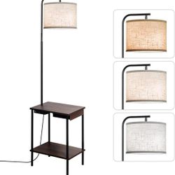 Floor Lamp with Table & Drawers, End Table Lamp with USB Charging Portt Power Outlet and Shelves, Side Table Reading Light with 3 Color Temperature Le