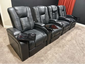 4-Seat Luxury Home Theater Recliners w/ Power Recline, LED Lights & Tray Tables – Excellent Condition