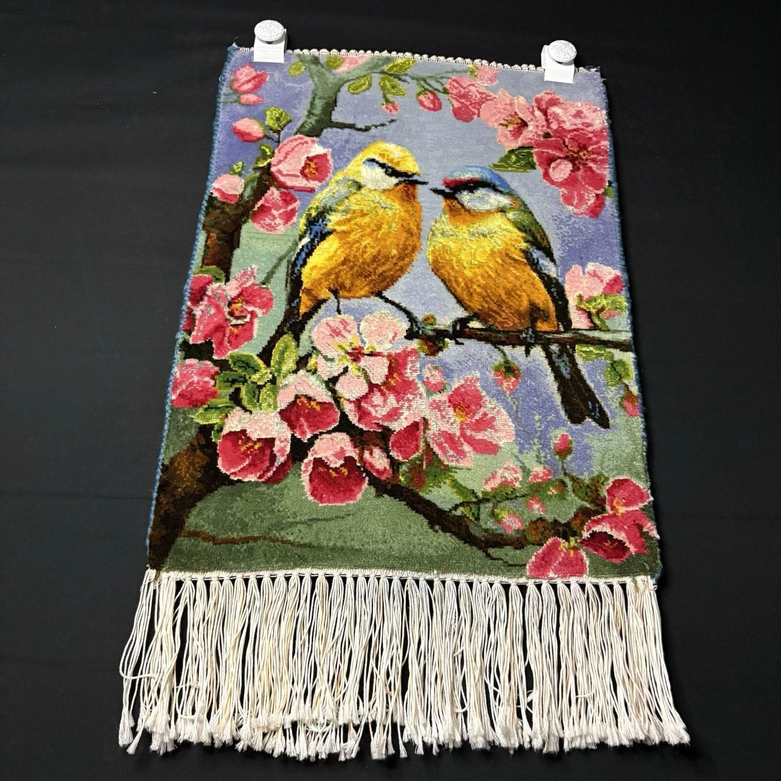 Persian Tabriz Pictorial Rug Hand Knotted Birds & Flowers w/Silk 21”x15” w/Rug Hangers
