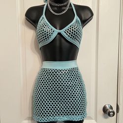 NWOT- Shiny Blue Fishnet 2 Piece Halter Top And Skirt🦋❄️ (festival/rave Wear/dance/rave)