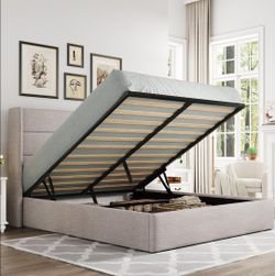 Queen Size Lift Up Storage Bed, Modern Wingback Headboard, Hydraulic Support, No Box Spring Needed, Light Beige