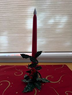 Vintage Christmas Metal Holly & Jingle Bell Taper Candle Holder