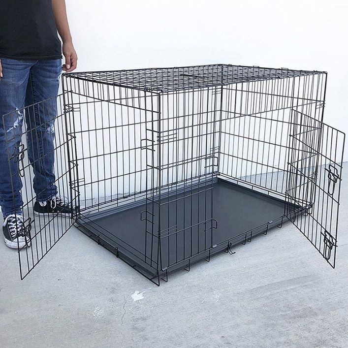 (NEW) $60 Folding 42” Dog Cage 2-Door Pet Crate Kennel w/ Tray 42”x27”x30”