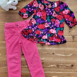 4T-5T 2-PIECE OUTFIT MULTICOLOR FLORAL THREE-QUARTER SLEEVE TUNIC W/BRIGHT PINK CORDUROY STRAIGHT LEG PANT