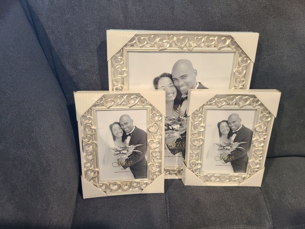 Set Of 3 Silver Wedding Picture Frames with hearts