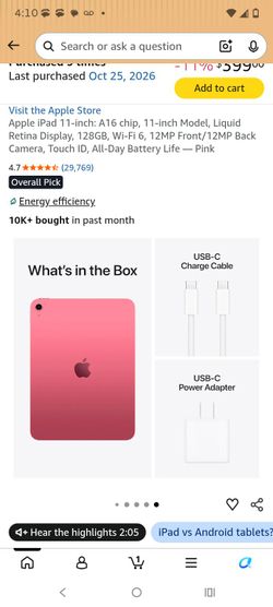 Apple iPad 11-inch: A16 chip, 128GB— Pink (New in box)
