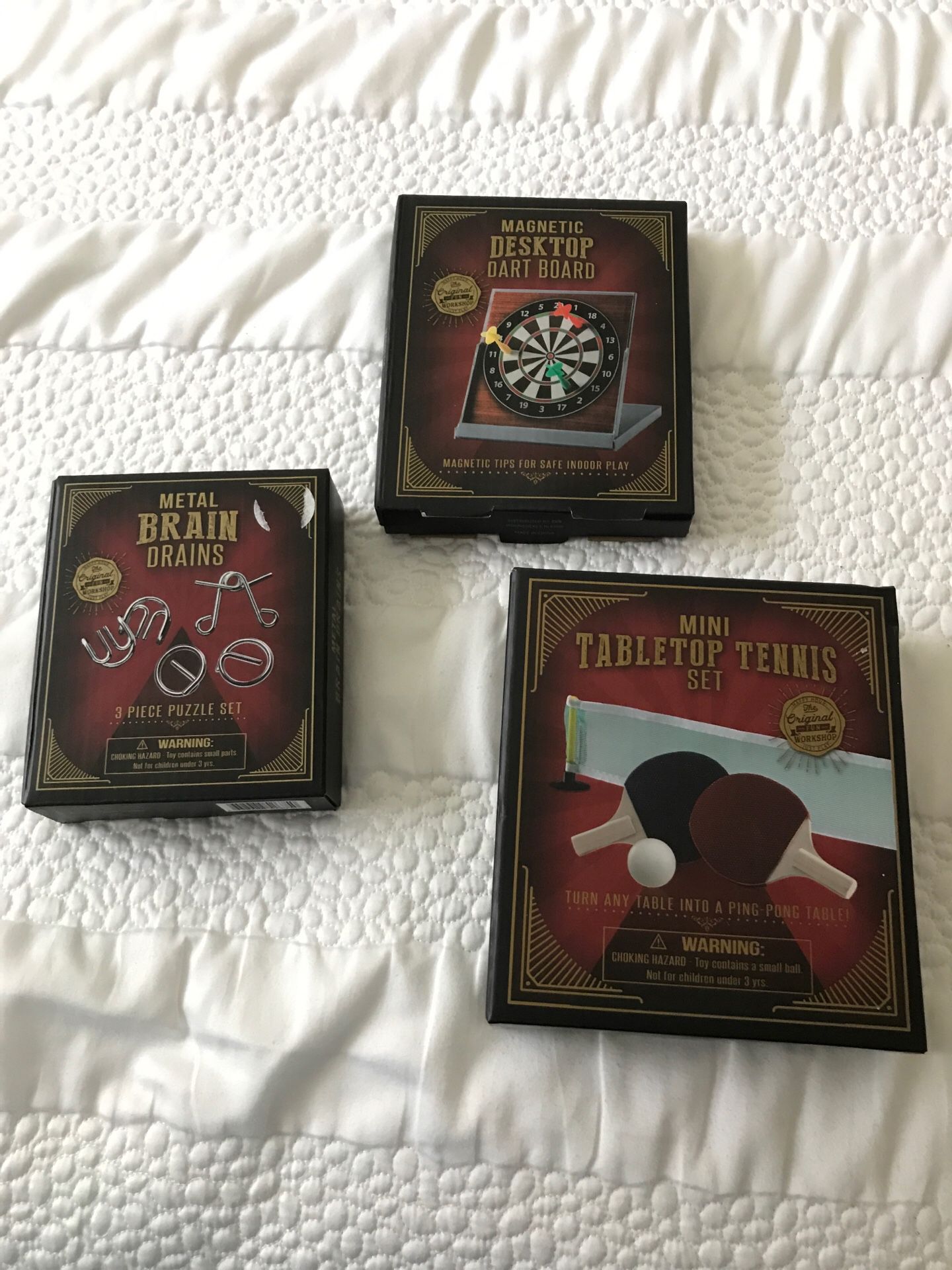 Three Games - Metal Puzzle Set, Desktop Dart Board And Mini Tabletop Tennis Set