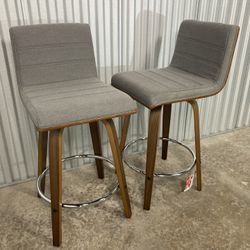 Vasari Mid-Century Stools – Set of 2 (Grey Fabric + Walnut Wood) – Available in 24”, 26”, & 30” ✨