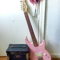 Pink Peavey Rockmaster Electric Guitar With Practice Amp And Pink Ernie Ball Cable