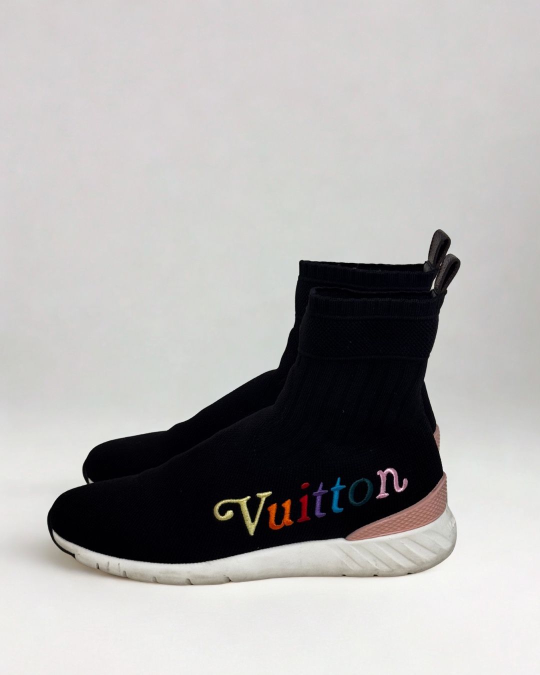 Louis Vuitton Aftergame Sock Sneaker – Women’s – Black/Multicolor Logo - Size 8.5