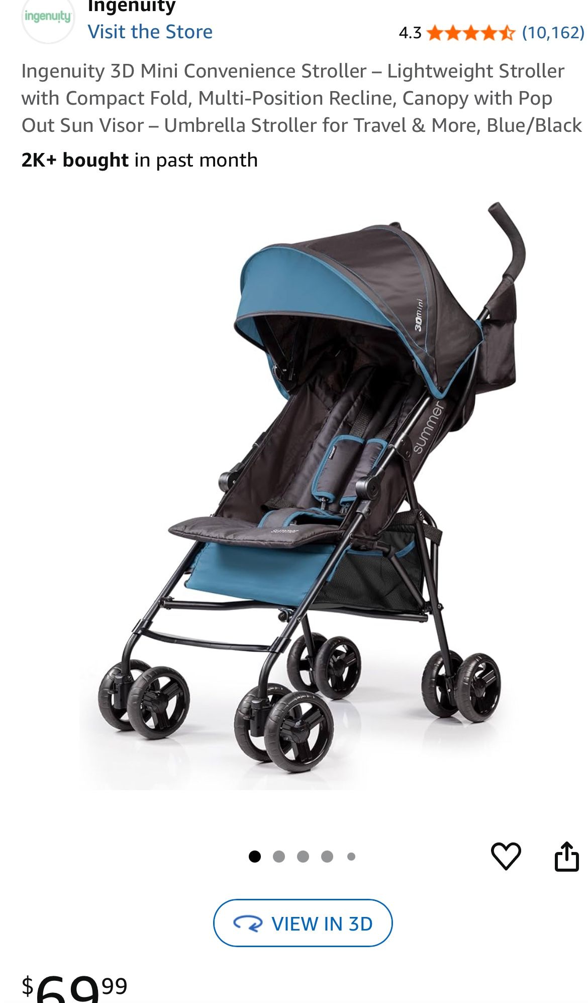 Ingenuity 3D Mini Stroller, Black With Blue Trim