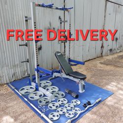 Pro HR600 Fitness Gear Squat rack / gym / gymnasio / Olympic Weight Plates / pesas / bench press / Power Rack / Fitness / EZ Curl Bar