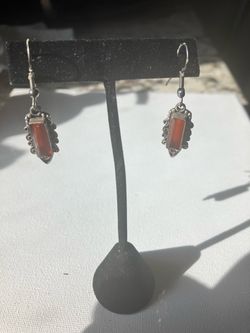 Silver Drop Earrings with Red Carnelian Aqiq Gem Stone