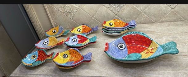 Vintage Italian "Vietri" Large Hand-painted Ceramic Fish-Shaped Serving Platter