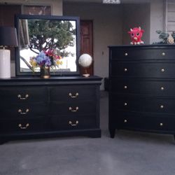 6 Drawer Dresser With Mirror And 5 Drawer Upright Dresser - All Solid Wood - Black With Gold 