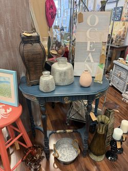 Elegant “Lake Norman Blue” Half-Moon Entry Table with Gold & Copper Accents – Coastal Classy Shabby