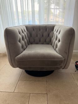 Gray Velvet Tufted Swivel Accent Chair – 360° Rotating –$250