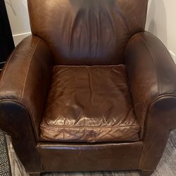 Pottery, Barn, Rolled Arm, Leather Chair Brown