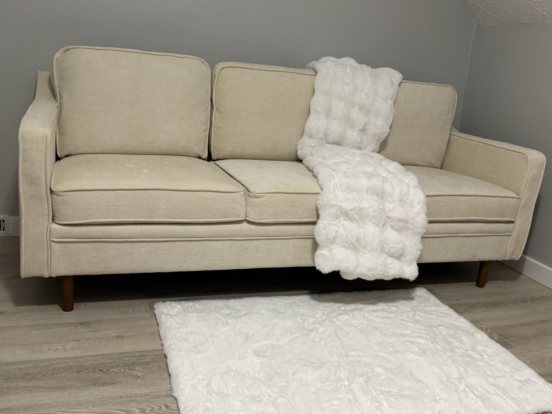 Kingfun 80" Chenille Sofa, 3 Seater Couch, Mid Century Modern Couches with Solid Wood Legs for Living Room & Bedroom, Beige